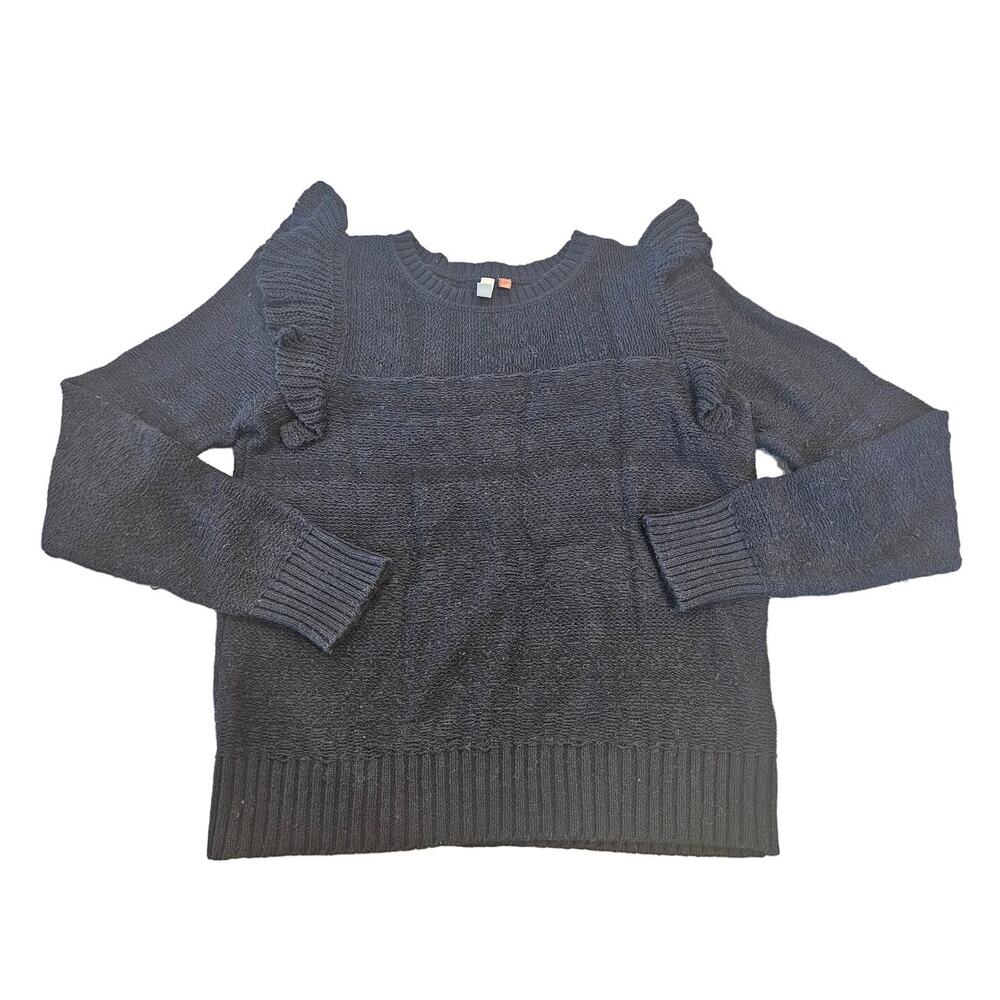 Pilcro x Anthropologie Black Ruffle Knit Sweater Large Minimalist Casual Basic